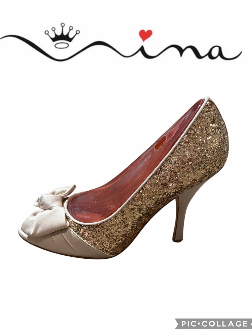 Nina  Evalixa Gold Glitter Peep-Toe Pump with Bow NWOT!